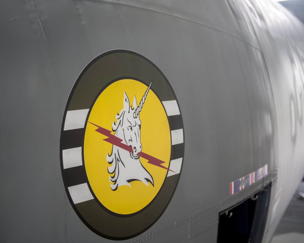 The nose art of this Kentucky Air National Guard C-130J Super Hercules, featuring a unicorn and lightning bolt, is based on the heraldry and squadron patch of the 368th Fighter Squadron, a World War II-era unit with ties to the Kentucky Air Guard. The aircraft is slated to fly over France on June 6, 2024, as part of observations for the 80th anniversary of D-Day. (U.S. Air National Guard photo by Airman 1st Class Annaliese Billings)