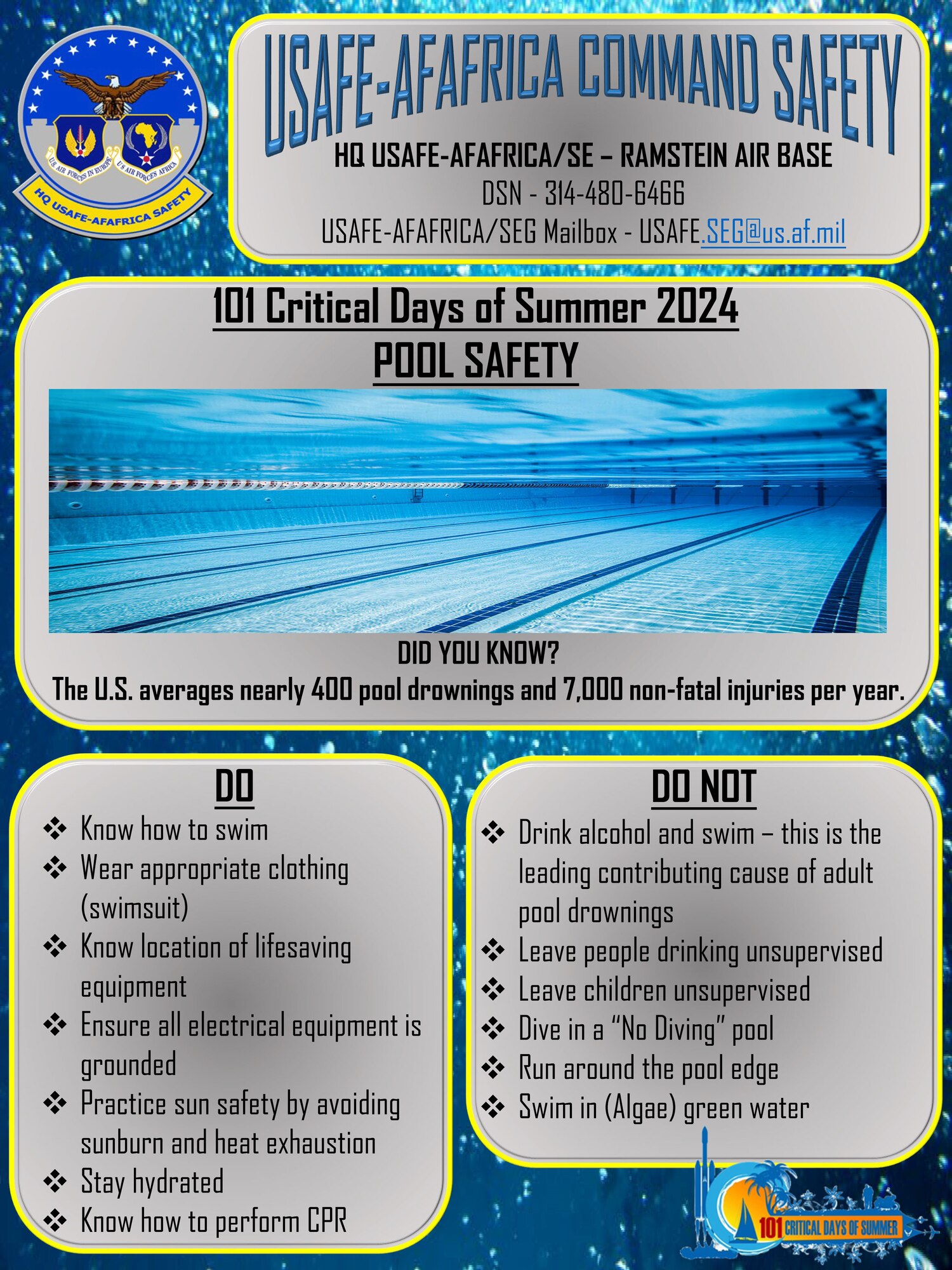 The 101 Critical Days of Summer kicked off Memorial Day weekend (May 25) and will run through Labor Day (Sept. 2). These safety flyers cover high-risk activities during the campaign period to display in units, forward through e-mail, post on social media, etc., to promote mishap prevention.