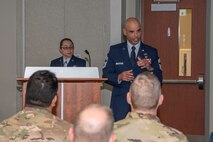Command Chief Master Sgt. Manuel R. Zubia, Headquarters Air Reserve Personnel Center command chief, speaks to members of HQ ARPC after a Change of Responsibility ceremony on Buckley Space Force Base, Colorado, May. 30, 2024.