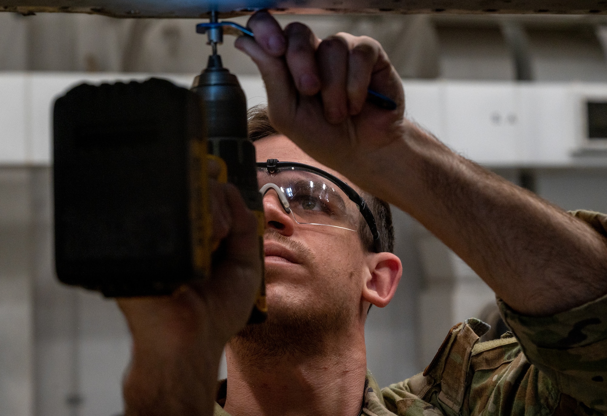 U.S. Air Force Senior Airman Samuel Oakes, 35th Maintenance Squadron aircraft structural maintenance journeyman, performs maintenance on an F-16 Fighting Falcon wing at Misawa Air Base, Japan, May 28, 2024.
