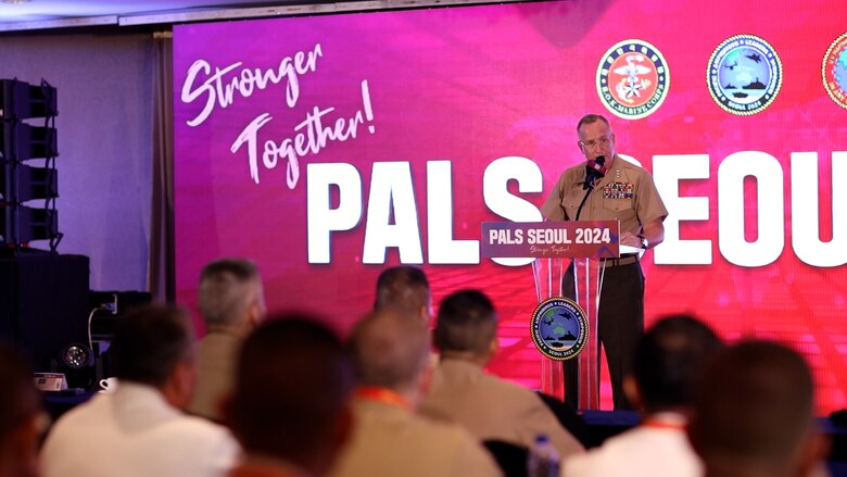 U.S. Marine Corps Lt. Gen. William M. Jurney, commander, U.S. Marine Corps Forces, Pacific, gives remarks during the closing ceremony of the 10th iteration of the Pacific Amphibious Leaders Symposium, Seoul, South Korea, June 5, 2024. PALS brings together experts and leaders from across the Indo-Pacific to foster collaboration among Allied and partner amphibious and maritime forces, sharing knowledge and recent operational insights. This year's symposium hosts senior leaders from 24 participating nations who are committed to a free and open Indo-Pacific, with the objective of strengthening and developing regional relationships. (U.S. Marine Corps photo by Sgt. Dillon L. Buck)