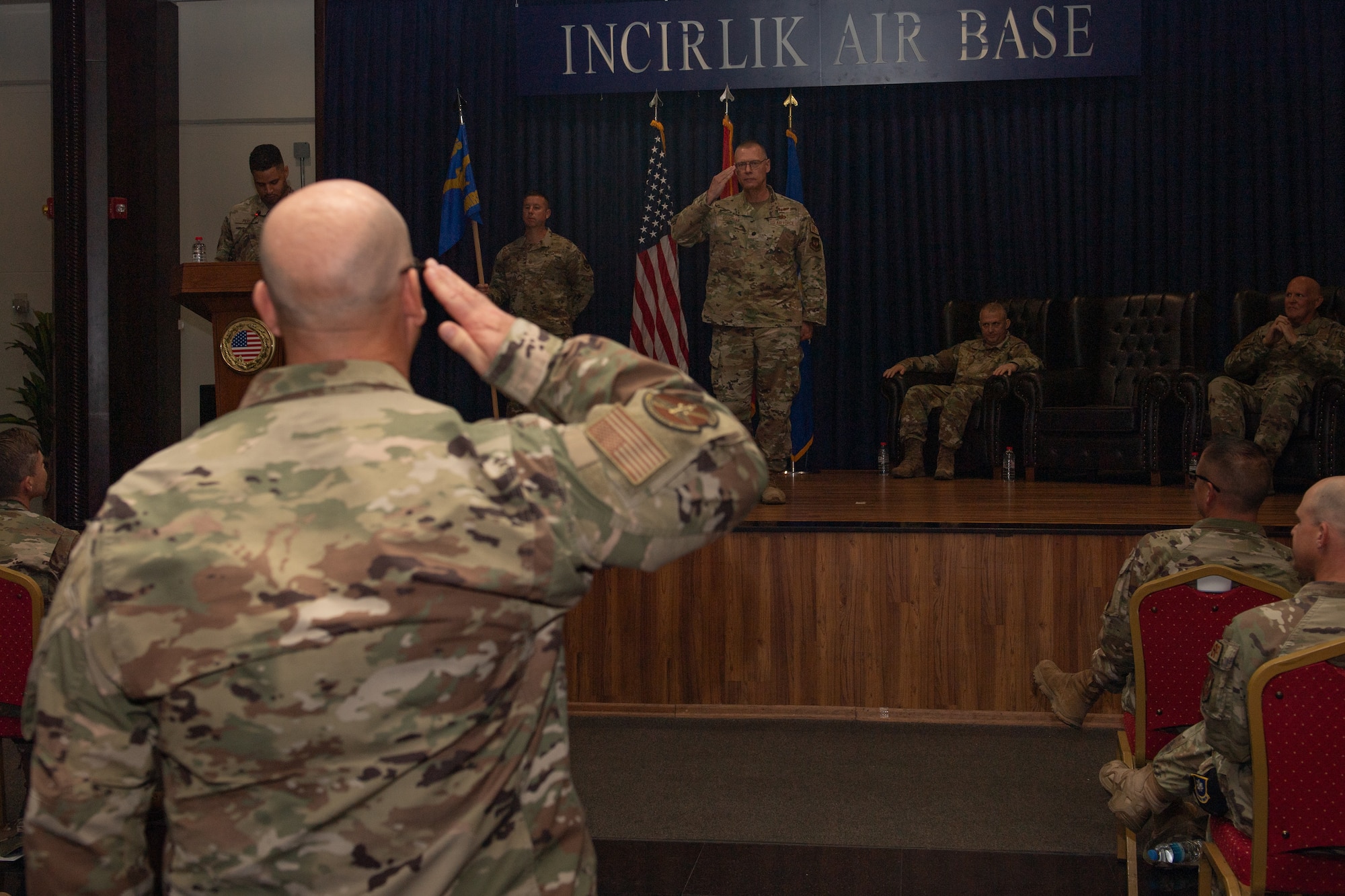U.S. Air Force Lt. Col. Stanley Grodrian, 39th Operational Medical Readiness Squadron commander, renders his final salute during a change of command ceremony.