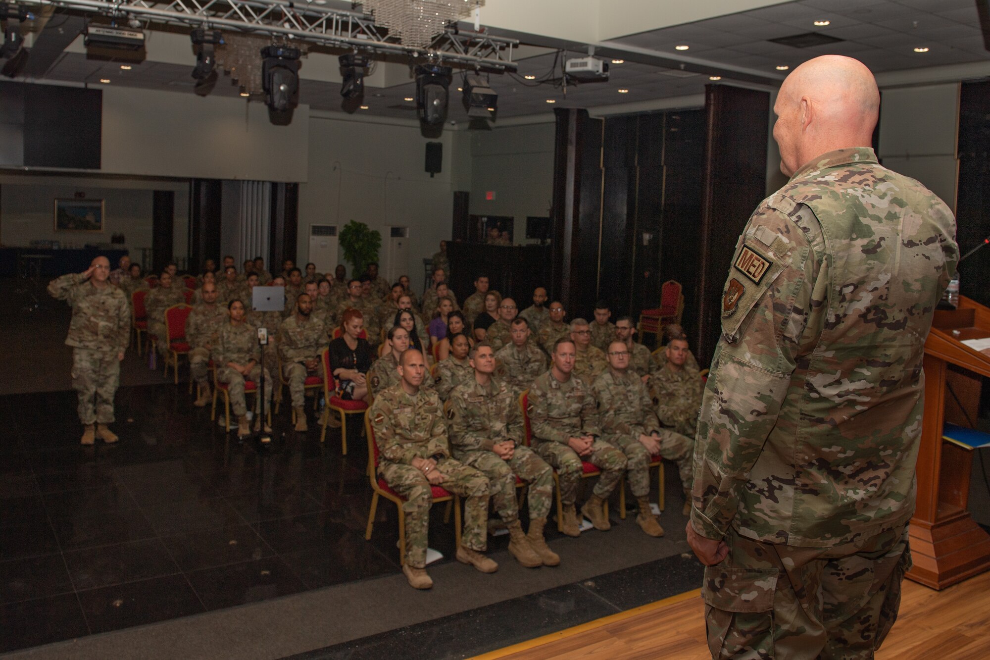 U.S. Air Force Lt. Col Richard Odosso, 39th Operational Medical Readiness Squadron commander, renders his first salute during a change of command ceremony