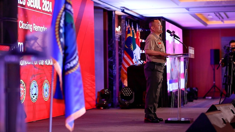 Republic of Korea Marine Corps Commandant Lt. Gen. Kim Kye-Hwan, gives remarks during the closing ceremony of the 10th iteration of the Pacific Amphibious Leaders Symposium, Seoul, South Korea, June 5, 2024. PALS brings together experts and leaders from across the Indo-Pacific to foster collaboration among Allied and partner amphibious and maritime forces, sharing knowledge and recent operational insights. This year's symposium hosts senior leaders from 24 participating nations who are committed to a free and open Indo-Pacific, with the objective of strengthening and developing regional relationships. (U.S. Marine Corps photo by Sgt. Dillon L. Buck)