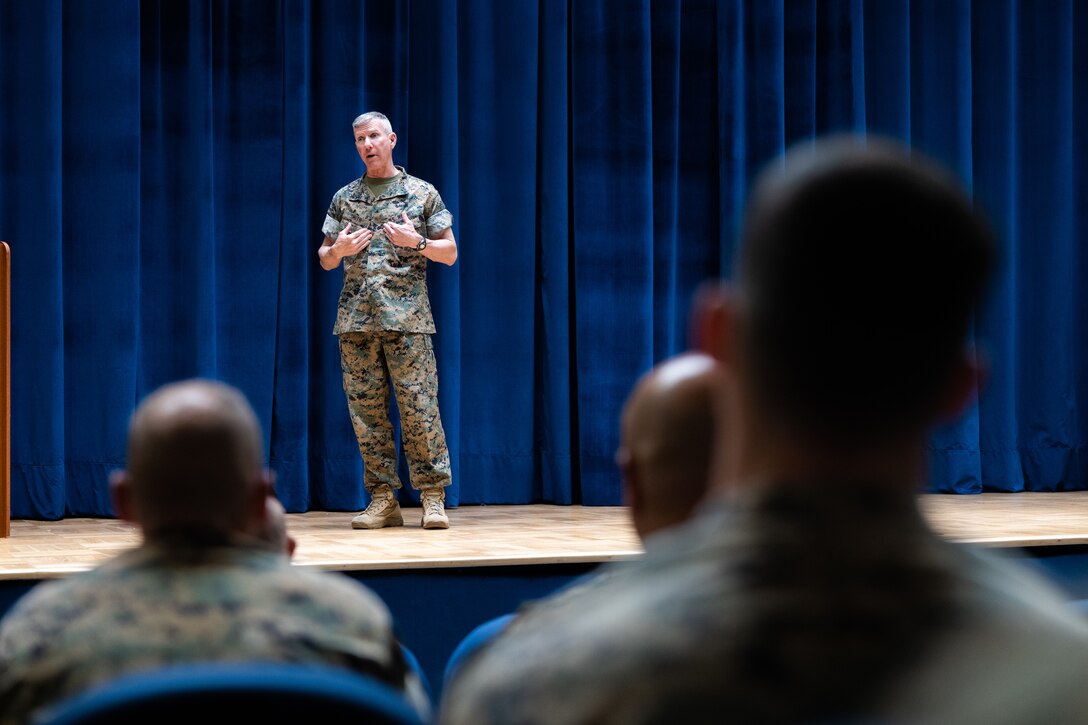 Commandant of the Marine Corps Gen. Eric M. Smith speaks to Marines and sailors with Task Force 61/2 during a town hall meeting at Naval Support Activity Naples, Italy, May 29, 2024. The town hall meeting was held to discuss the future of naval expeditionary warfare and other Marine Corps-wide modernization such as Force Design, talent management, retention, training and education. TF 61/2 is a forward-deployed command element in support of U.S. Sixth Fleet operations in the U.S. European Command and U.S. Africa Command, and is deployed in the U.S. Naval Forces Europe area of operations, employed by U.S. Sixth Fleet to support U.S. allied and partner interests. (U.S. Marine Corps photo by Cpl. Marc Imprevert)