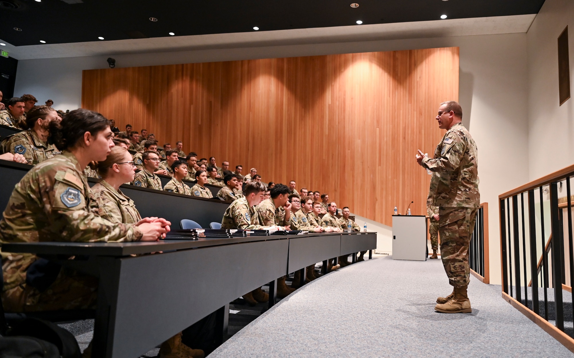 U.S. Space Force Maj. Gen. Tim Sejba, Commander of Space Training and Readiness Command, provides opening remarks during the first day of the Azimuth program at the U.S. Air Force Academy, in Colorado Springs, Colo., June 3, 2024. Azimuth is a unique summer program for U.S. Air Force Academy cadets as well as Navy and Army cadets, and ROTC students considering a commission in the U.S. Space Force. Azimuth is a three-week joint undergraduate nationwide space education and training program. Azimuth’s overall goal is to inspire men and women to become officers of character, motivated to lead in the Space Force. (U.S. Air Force photo by Capt. Charles Rivezzo)