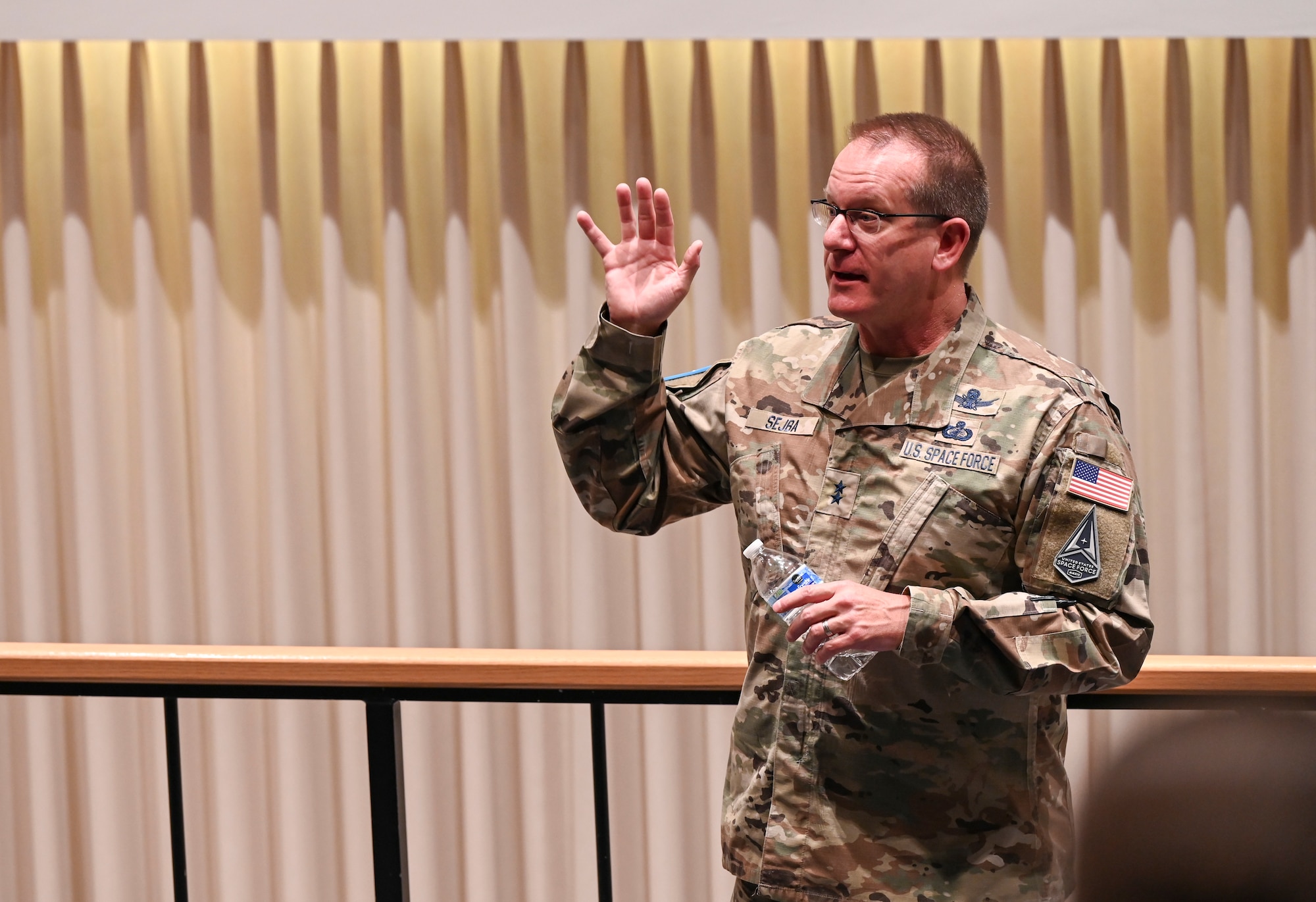 U.S. Space Force Maj. Gen. Tim Sejba, Commander of Space Training and Readiness Command, provides opening remarks during the first day of the Azimuth program at the U.S. Air Force Academy, in Colorado Springs, Colo., June 3, 2024. Azimuth is a unique summer program for U.S. Air Force Academy cadets as well as Navy and Army cadets, and ROTC students considering a commission in the U.S. Space Force. Azimuth is a three-week joint undergraduate nationwide space education and training program. Azimuth’s overall goal is to inspire men and women to become officers of character, motivated to lead in the Space Force. (U.S. Air Force photo by Capt. Charles Rivezzo)