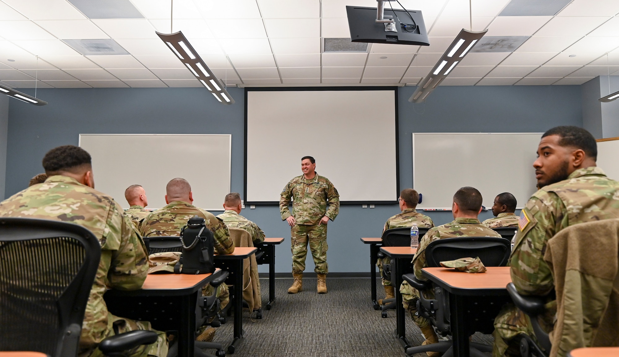 U.S. Space Force Chief of Space Operations Gen. Chance Saltzman converses with students attending the Enlisted Undergraduate Space Training course at Peterson Space Force Base, Colo., May 31, 2024. Hosted by Space Delta 1, EUST lays the groundwork for a career in space operations, covering a broad spectrum of space topics to include military space history, space policy, orbital mechanics, and cyberspace operations. (U.S. Air Force photo by Capt. Charles Rivezzo)