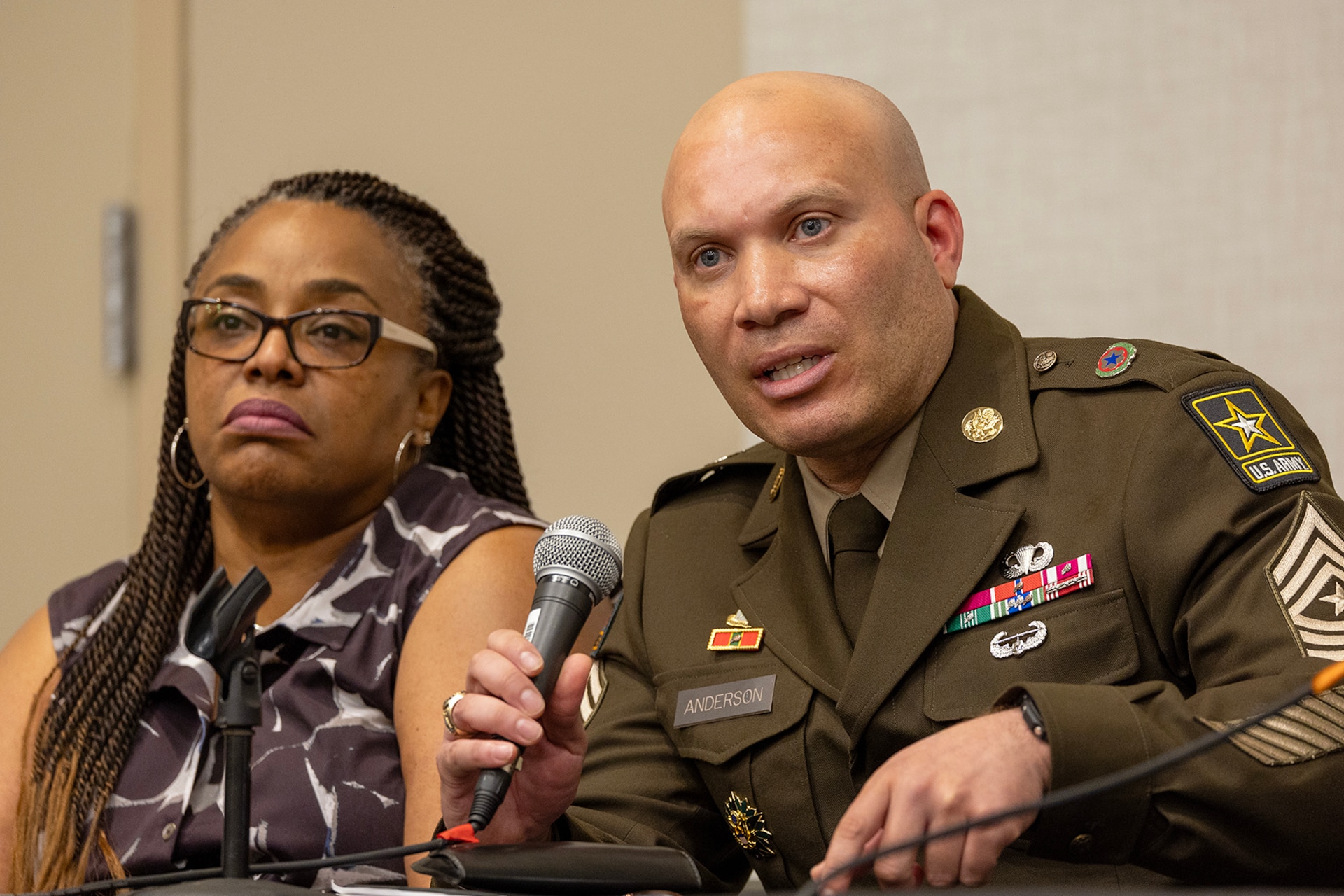 Sgt. Maj. Terry L. Andersson, Jr., Office of the Assistant Secretary of the Army for Financial Management and Comptroller senior enlisted advisor, talks about professional development as Kimberly Scott, ASA (FM&C) workforce development and training director, listens on during the Society of Defense Financial Management’s Profession Development Institute in Phoenix May 29, 2024. The PDI was a chance for the Army’s finance and comptroller organizations to come together, share best practices, solve shared problems, and professionally develop Soldiers and Army civilian employees. (U.S. Army photo by Mark R. W. Orders-Woempner)