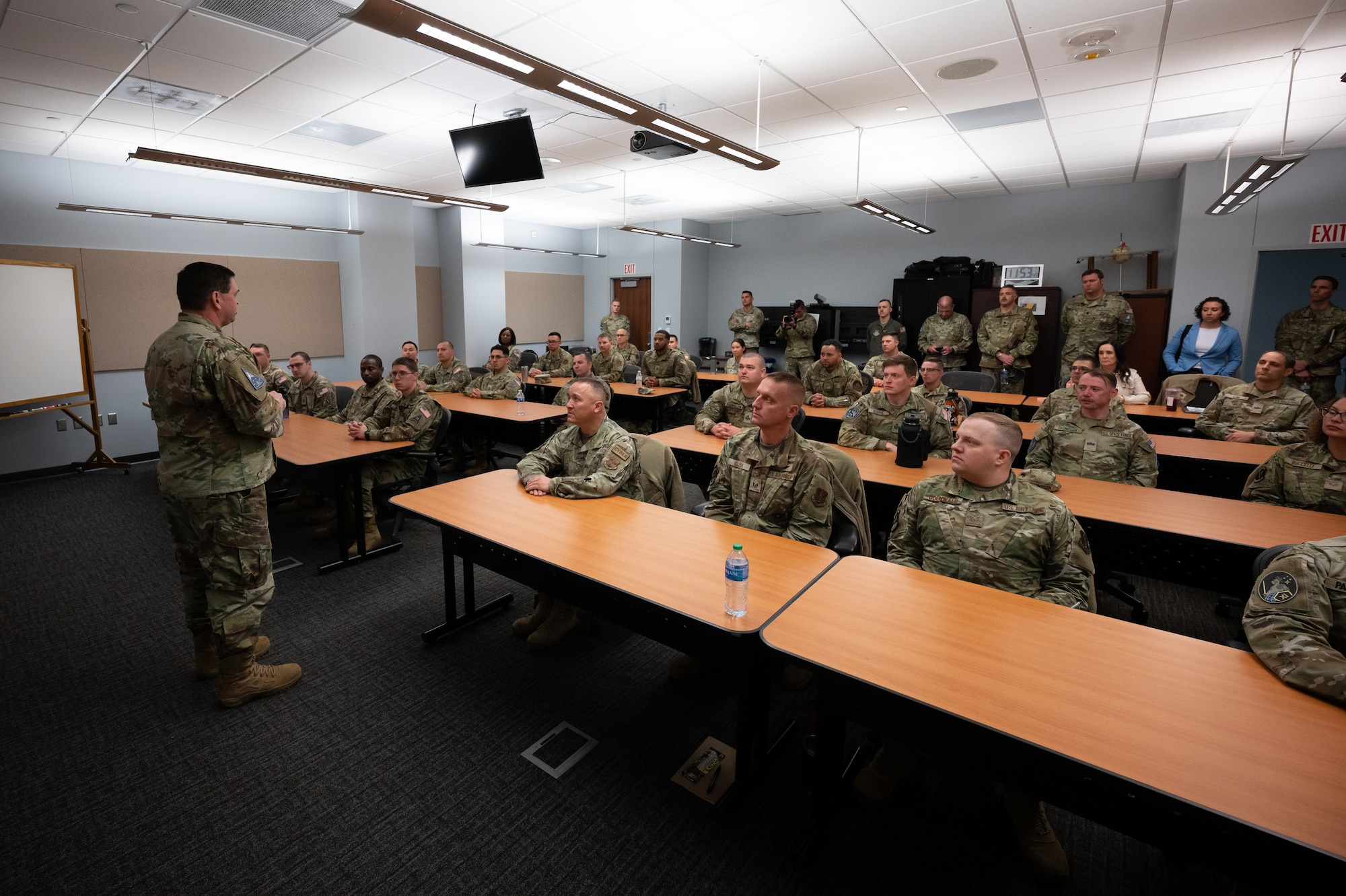 U.S. Space Force Chief of Space Operations Gen. Chance Saltzman converses with students attending the Enlisted Undergraduate Space Training course at Peterson Space Force Base, Colo., May 31, 2024. Hosted by Space Delta 1, EUST lays the groundwork for a career in space operations, covering a broad spectrum of space topics to include military space history, space policy, orbital mechanics, and cyberspace operations. (U.S. Space Force photo by Tech. Sgt. Kirsten Brandes)