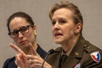 Brig. Gen. Paige M. Jennings, U.S. Army Financial Management Command commanding general, delivers a presentation during the Society of Defense Financial Management’s Profession Development Institute in Phoenix May 30, 2024. The PDI was a chance for the Army’s finance and comptroller organizations to come together, share best practices, solve shared problems, and professionally develop Soldiers and Army civilian employees. (U.S. Army photo by Mark R. W. Orders-Woempner)