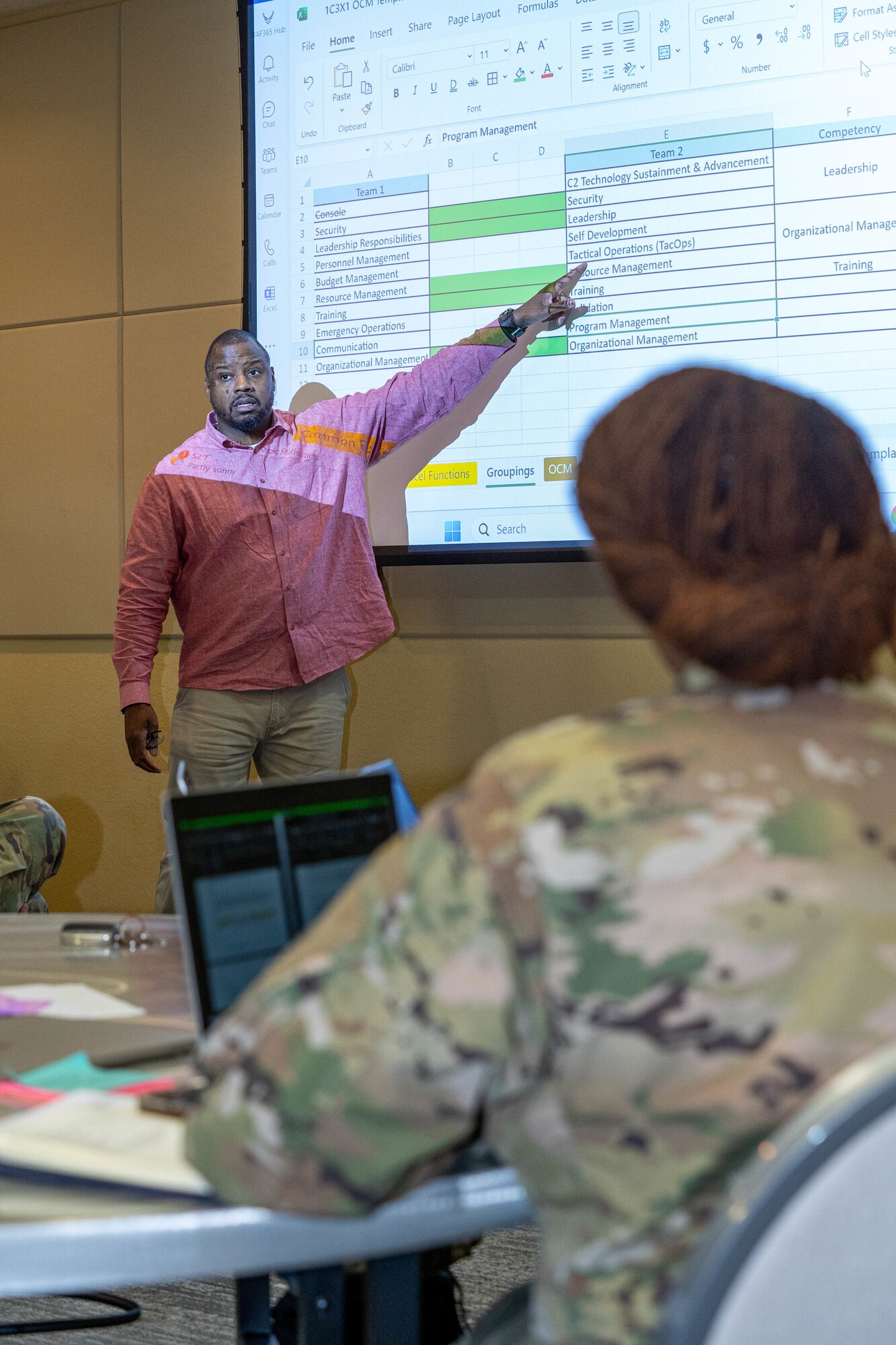 Anthony Modeste, Air Education and Training Command instruction specialist, discusses developing competency models that connect to actionable behavior necessary for successful job performance at the occupational competency seminar on Keesler Air Force Base, Mississippi, March 19, 2024.