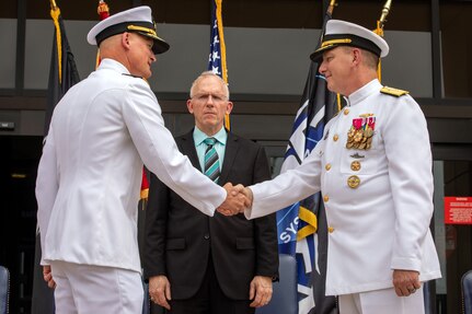 Program Executive Office Strategic Submarines (PEO SSBN) held a Change of Office Ceremony where Rear Adm. Todd Weeks (left) relieved Rear Adm. Scott Pappano (right) as the Program Executive Officer.