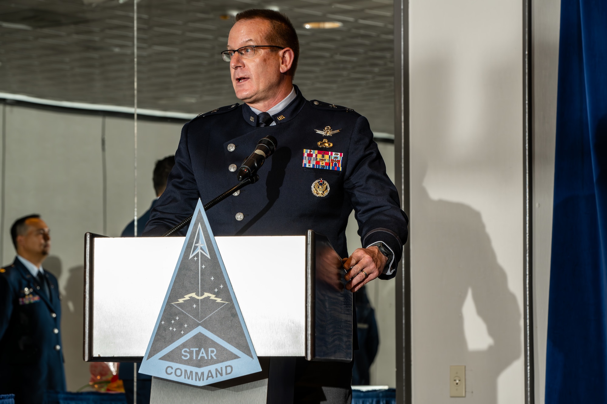 U.S. Space Force Maj. Gen. Tim Sejba, Commander of Space Training and Readiness Command, delivers remarks during the Space Delta 12 change of command ceremony at Peterson Space Force Base, Colo., May 31, 2024. (U.S. Space Force photo by Dalton Prejeant)