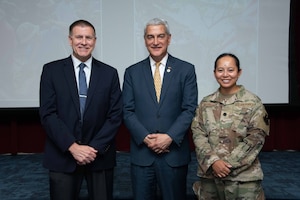 (From Left to Right) Air Force Culture and Language Center Director Howard Ward, Defense POW/MIA Accounting Agency Director Kelly McKeague, and Lt. Col. Charlynne McGinnis, a Tagalog LEAP Scholar who has participated in a DPAA mission, at the Air War College, Maxwell Air Force Base, where McKeague spoke to a group of students and AFCLC personnel.