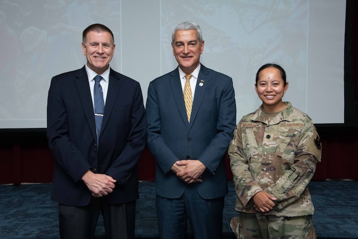 (From Left to Right) Air Force Culture and Language Center Director Howard Ward, Defense POW/MIA Accounting Agency Director Kelly McKeague, and Lt. Col. Charlynne McGinnis, a Tagalog LEAP Scholar who has participated in a DPAA mission, at the Air War College, Maxwell Air Force Base, where McKeague spoke to a group of students and AFCLC personnel.