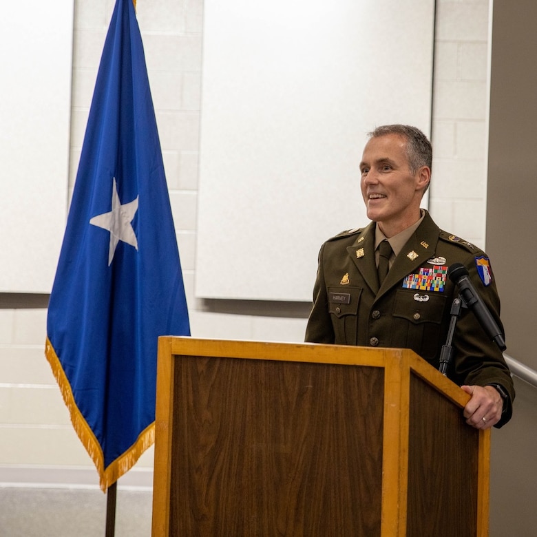 Kentucky Army National Guard Col. John Harvey was promoted during a ceremony in front of his family, friends, and colleagues inside the Wellman Auditorium at the Boone National Guard Center on May 24, 2024.