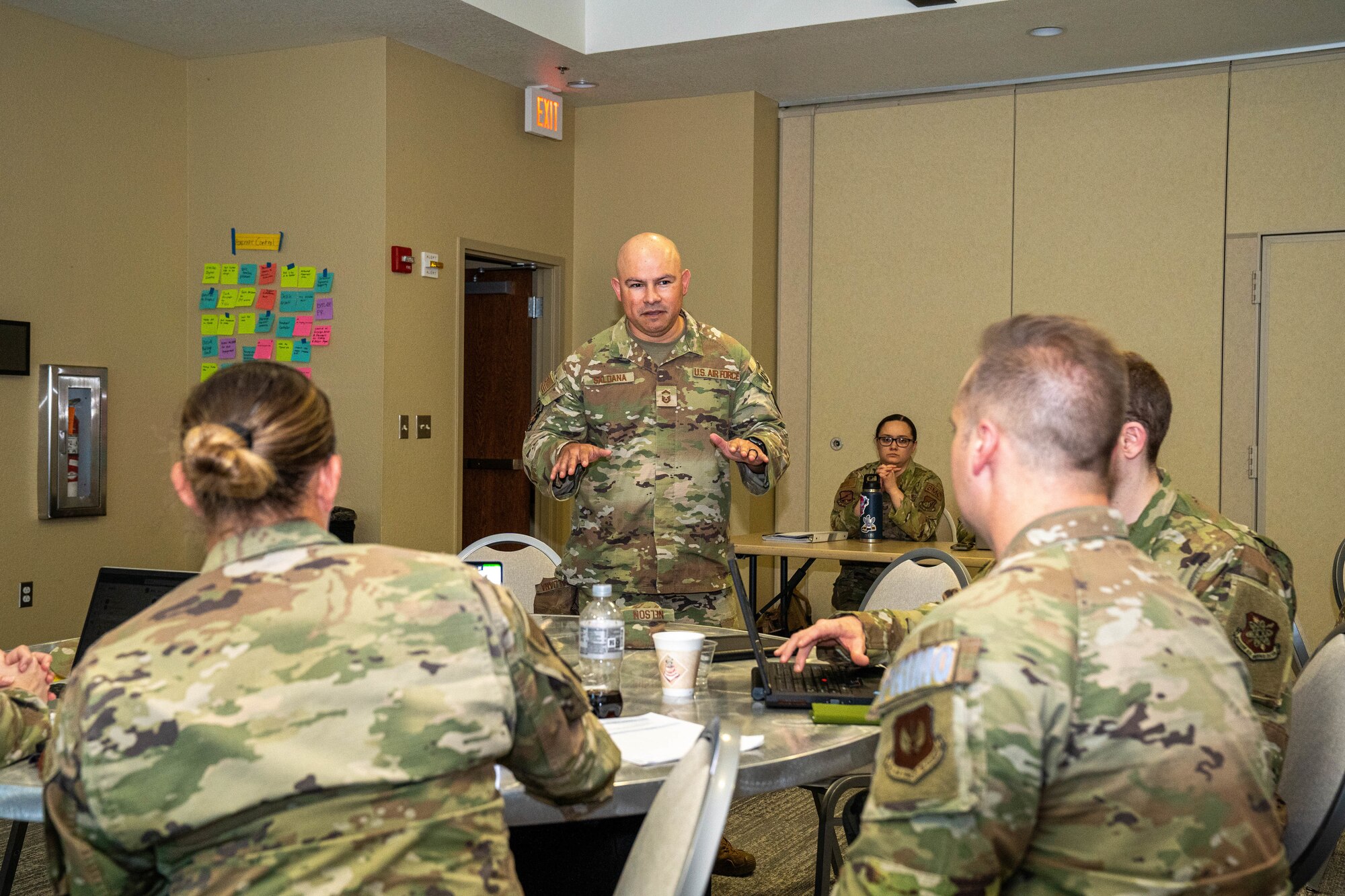 U.S. Air Force Chief Master Sgt. Ronnie Saldana, 623d Air Control Squadron senior enlisted leader, facilitates a conversation with attendees of the competency seminar on Keesler Air Force Base, Mississippi, March 19, 2024.