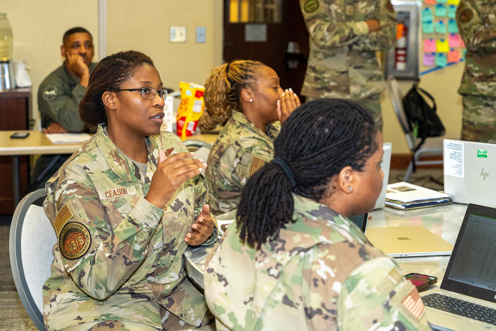 U.S. Air Force Chief Master Sgt. Sharika Ceasor, Air Force Global Strike Command command and control operations functional manager, engages in a discussion of the actionable behaviors are needed for optimal job performance at the occupational competency seminar on Keesler Air Force Base, Mississippi, March 19, 2024.