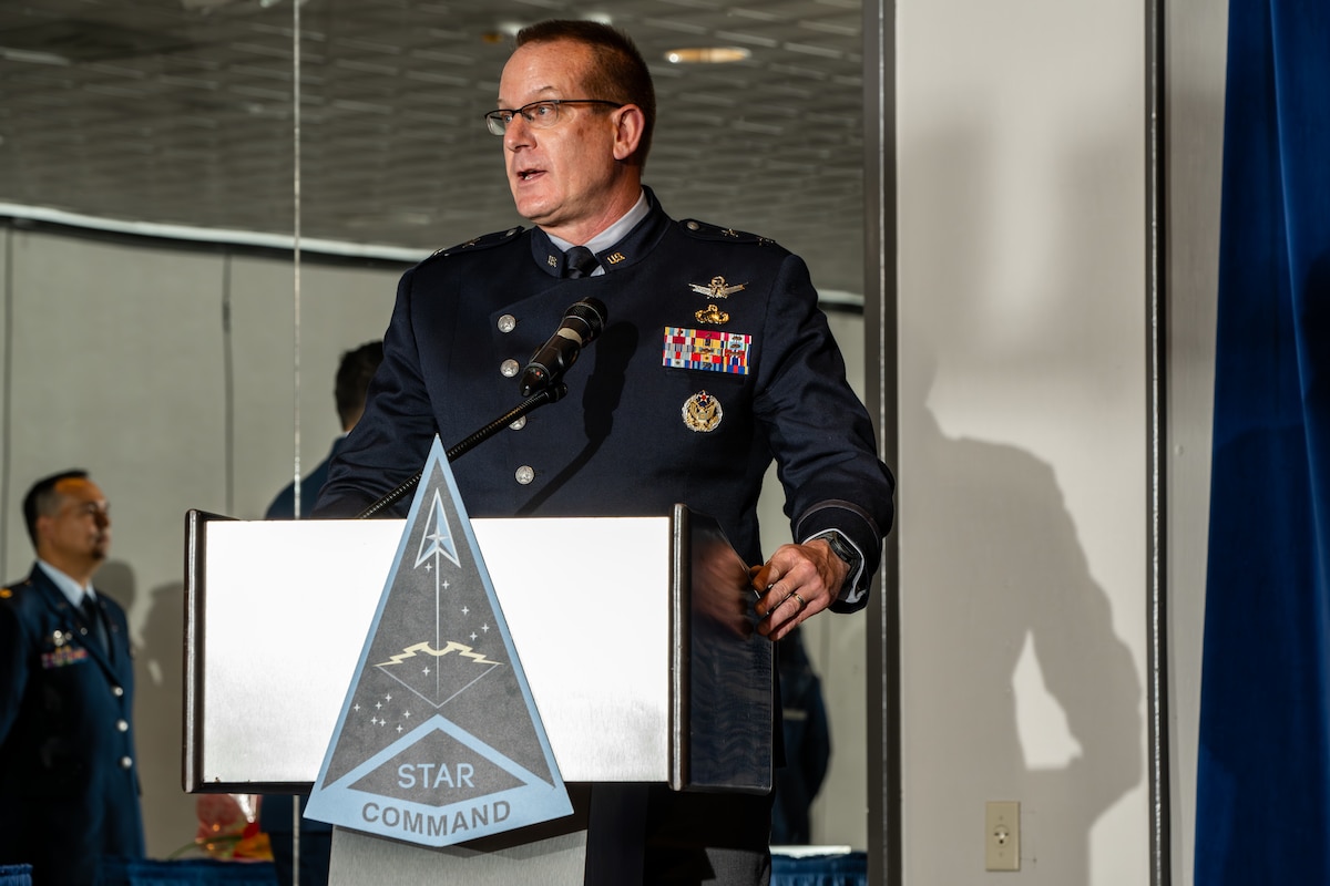 U.S. Space Force Maj. Gen. Tim Sejba, Commander of Space Training and Readiness Command, delivers remarks during the Space Delta 12 change of command ceremony at Peterson Space Force Base, Colo., May 31, 2024. (U.S. Space Force photo by Dalton Prejeant)