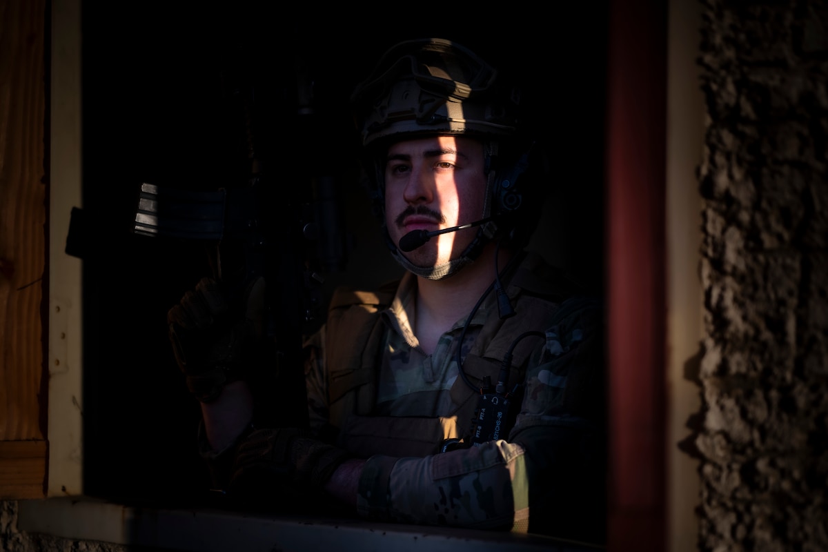 U.S. Air Force Capt. Andrew Donado, an 821st Contingency Response Squadron executive officer, provides security during Exercise HADES SENTINEL at Fort Hunter-Liggett in Jolon, California, May 2, 2023.