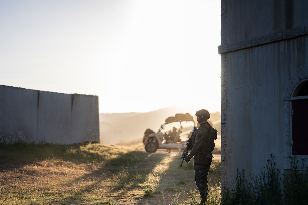 Airmen with the 821st Contingency Response Squadron provide entry control point security during Exercise HADES SENTINEL at Fort Hunter-Liggett in Jolon, California, May 2, 2023.