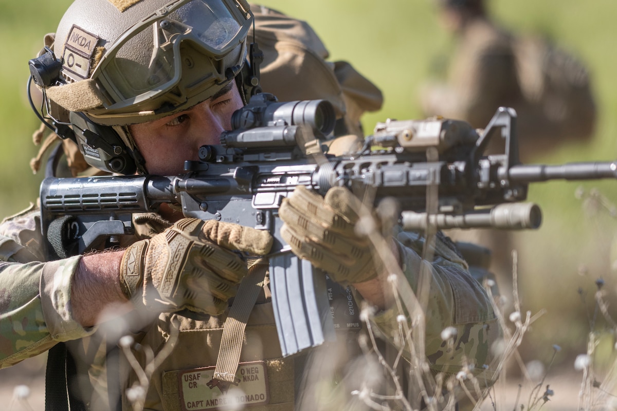 U.S. Air Force Capt. Andrew Donado, an 821st Contingency Response Squadron logistics executive officer, provides security during Exercise HADES SENTINEL at Fort Hunter-Liggett in Jolon, California, May 2, 2023.