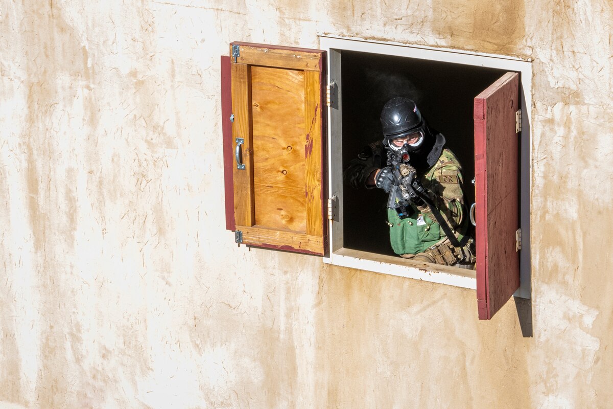 U.S. Air Force Lt. Col. Timothy Kniefel, the 921st Contingency Response Squadron commander, participates as an opposition force during Exercise HADES SENTINEL at Fort Hunter-Liggett in Jolon, California, May 1, 2023.