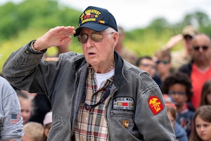 A person in civilian clothes and a WWII “The Greatest Generation” cap salutes.