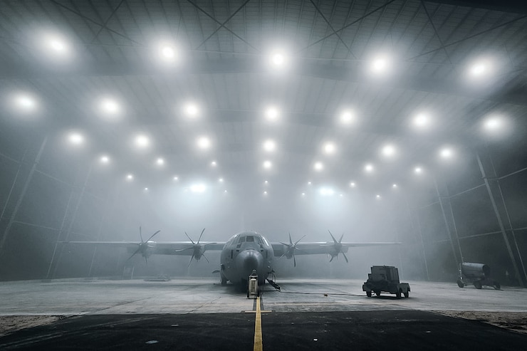 A C-130J Super Hercules sits in a hangar at an undisclosed location within the U.S. Central Command area of responsibility. 