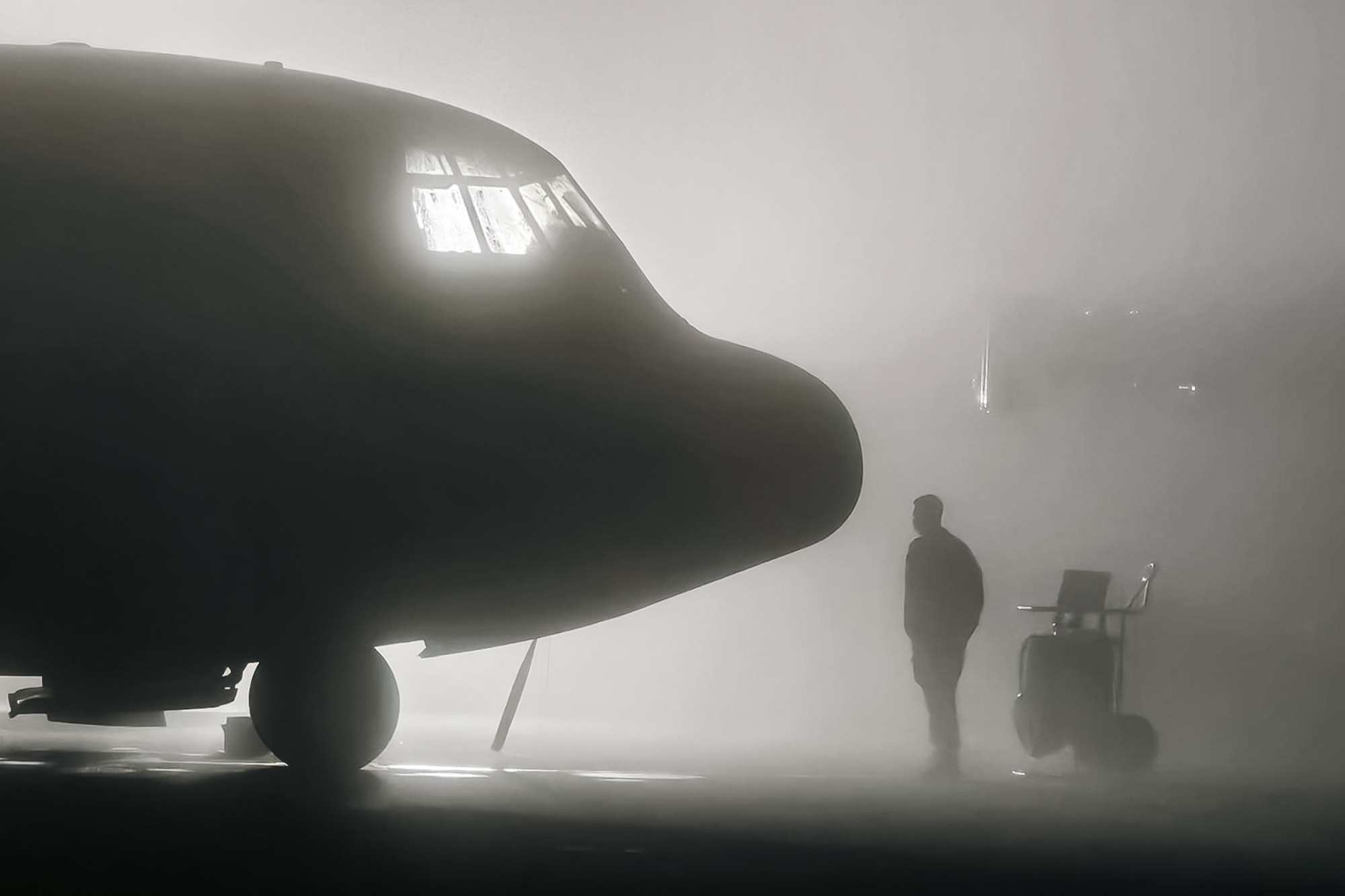 A C-130J Super Hercules sits in a hangar at an undisclosed location within the U.S. Central Command area of responsibility.