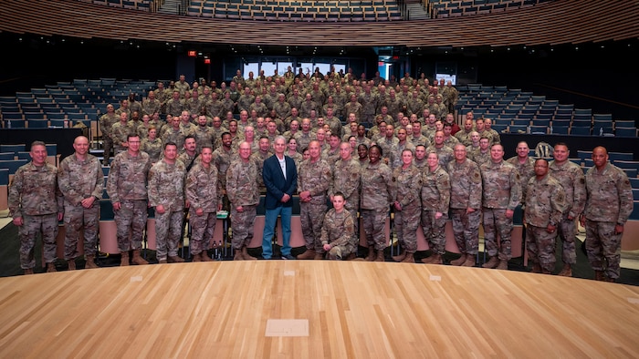 New York Air National Guard senior leaders pose for a photo while attending a senior enlisted symposium at the National Veterans Resource Center at Syracuse University, May 29, 2024. During the event attendees conducted breakout sessions and panel discussions focusing on recruitment, retention, and organizational management. (U.S. Air National Guard photo by Tech Sgt. Alexander Rector)