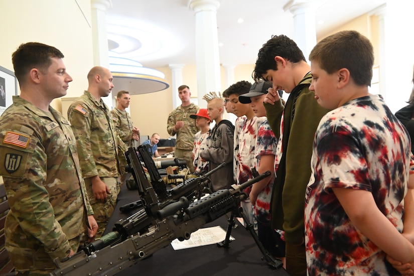 U.S. Soldiers and Airmen with the Pennsylvania National Guard host the annual Guard Day at the Capitol in Harrisburg, Pennsylvania, June 4, 2024. This event educates state legislators, staff and visitors about the role the Army and Air National Guard plays in the Commonwealth, as well as the opportunities they offer. They had multiple displays around the rotunda in the Capitol that helped showcase the different jobs in the military. Soldiers and Airmen presented their knowledge and skills to the interested legislators, staff and visitors. (U.S. Army National Guard photo by Spc. Jessica Barb)