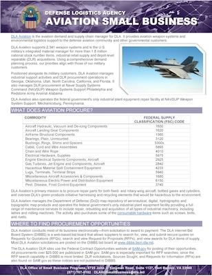 Educational flyer providing information about DLA Aviation related to small business.