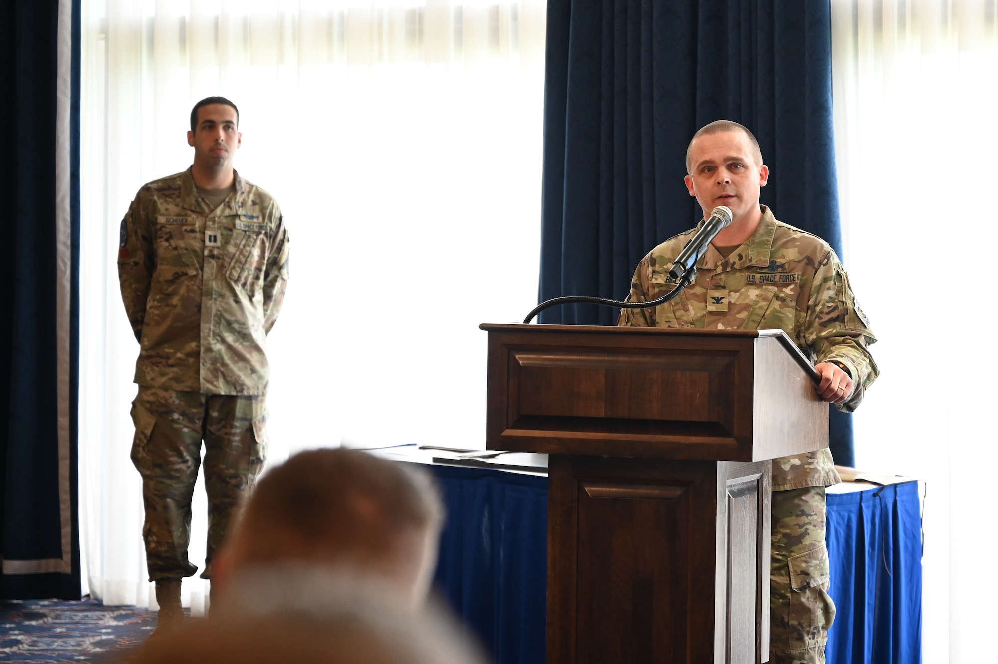 U.S. Space Force Col. Mark Bigley, DEL 9 commander, headquartered at Shriever Space Force Base in Colorado Springs, Colorado, gives a congratulatory speech at the 5th Space Operations Squadron Activation Ceremony at the Bolling Club on Joint Base Anacostia-Bolling in Washington, D.C., June 3, 2024. Bigley earned his commission in 2002 and oversees protection and defense operations for the Space Force. (U.S. Air Force photo by Airman Shanel Toussaint)