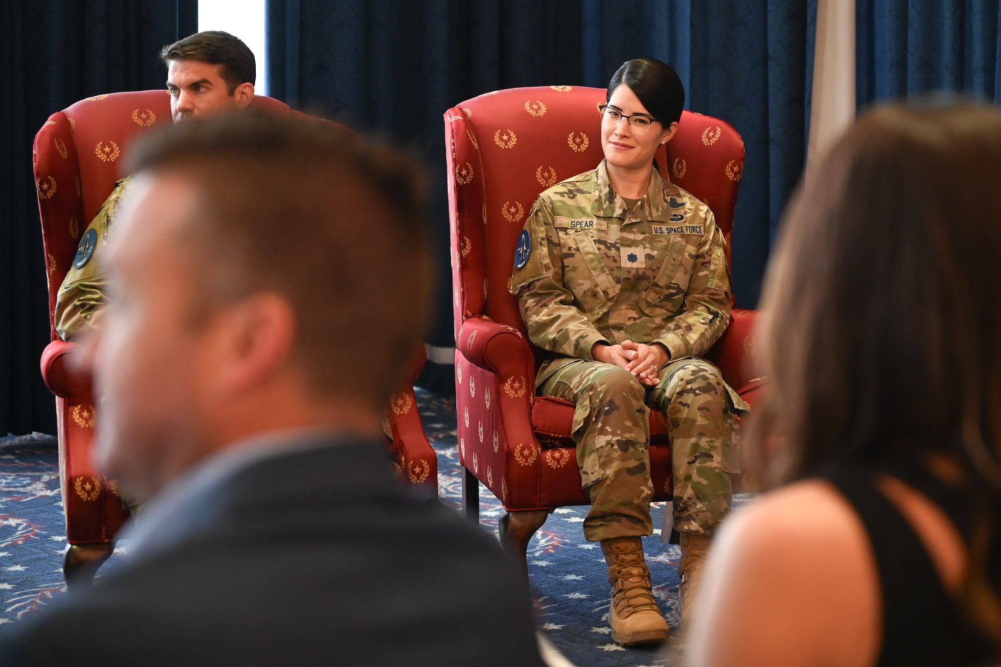 U.S. Space Force Lt. Col. Latasha Spear, former division chief of joint fires and information operations, Space Delta 5, Space Forces-Space at Vandenberg Space Force Base, California awaits to assume command of the 5th Space Operations Squadron at the Bolling Club on Joint Base Anacostia-Bolling in Washington, D.C., June 3, 2024. The mission of the 5th SOPS is to operate reusable, unmanned space test platforms to demonstrate technologies for the U.S. Space Force.  (U.S. Air Force photo by Airman Shanel Toussaint)