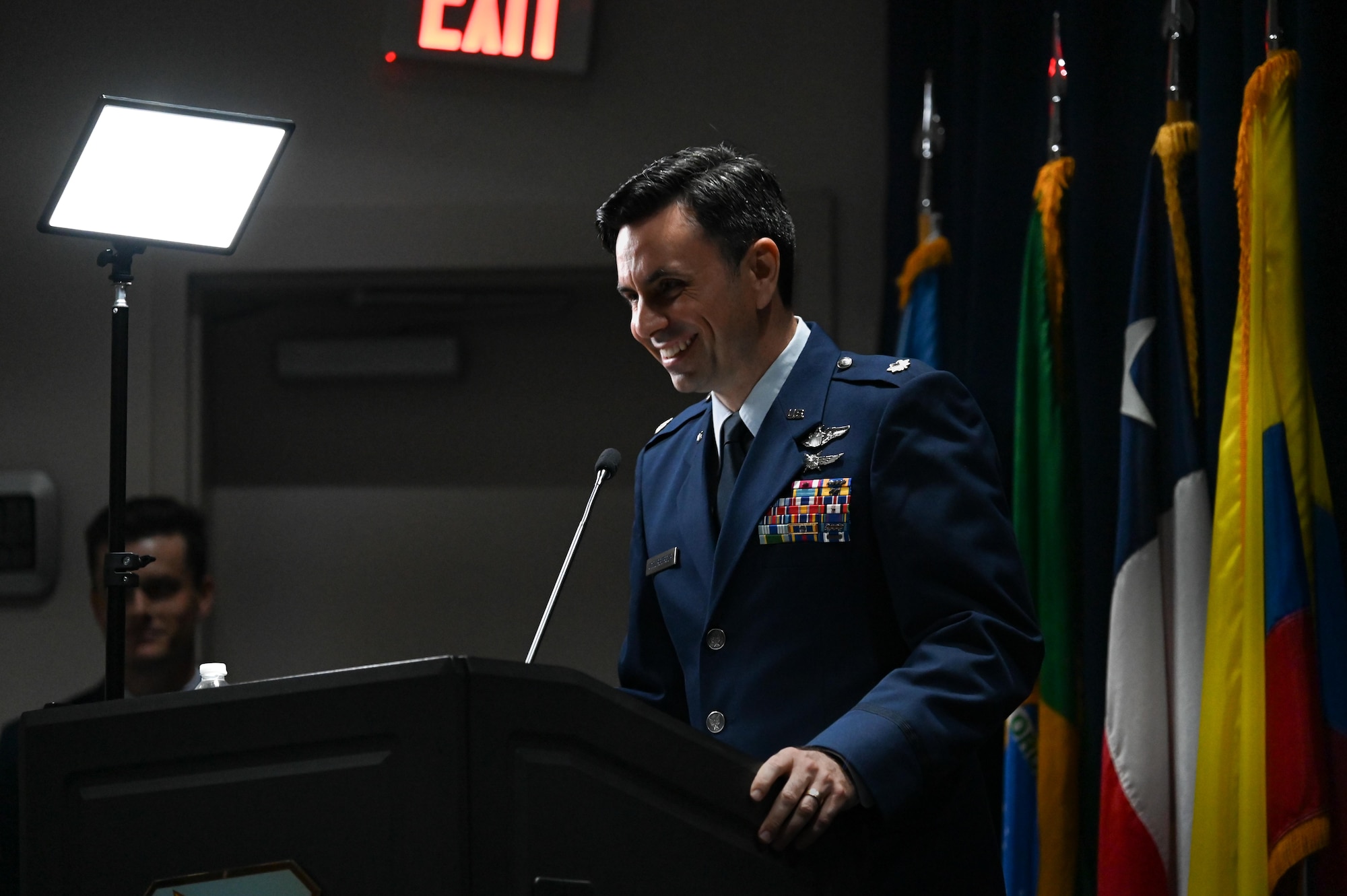 U.S. Air Force Lt. Col. Cameron Unterberger, 453rd Electronic Warfare Squadron commander, gives his opening remarks as newly appointed squadron commander during the 453rd EWS change of command ceremony at Joint Base San Antonio-Lackland, Texas, June 3, 2024. The 453rd EWS is comprised of the Analysis Flight, Software Development Flight, Cyber Defense Operations Flight, Modeling, Simulation, and Analysis Engineering Flight, and Plans and Programs located at Joint Base San Antonio-Lackland. (U.S. Air Force photo by Capt. Benjamin Aronson)