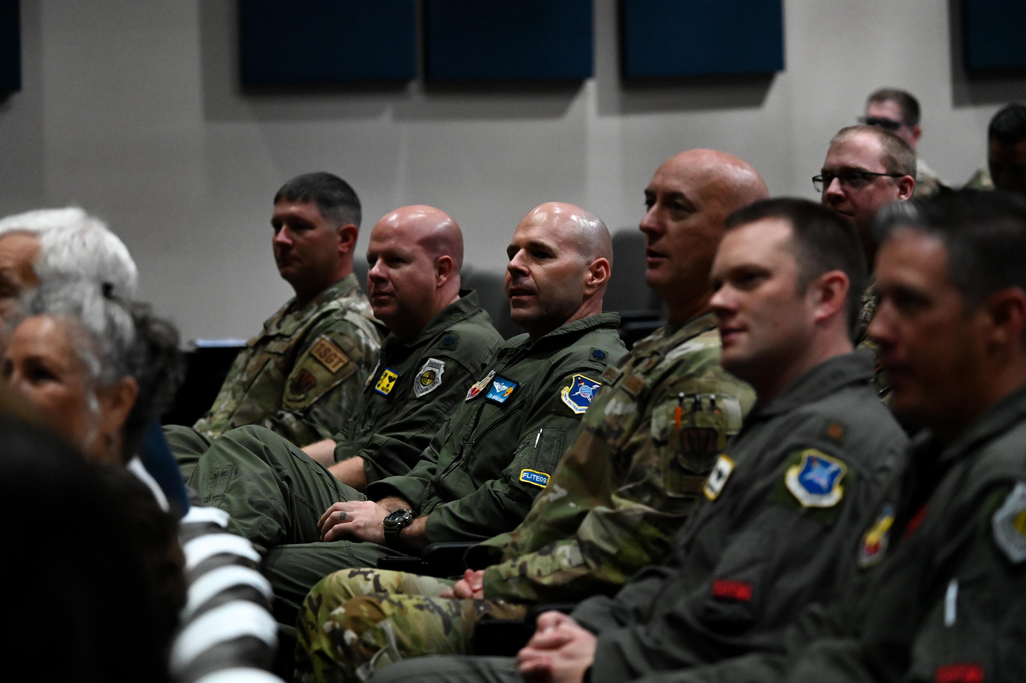 Members from the 350th Spectrum Warfare Wing attend the 453rd Electronic Warfare Squadron change of command ceremony at Joint Base San Antonio-Lackland, Texas, June 3, 2024. The 453rd EWS enables electromagnetic spectrum war fighting dominance by engineering and developing digital-native solutions supporting global signal intelligence analysis, electronic warfare engineering modeling analytics, and large-force synthetic battle spaces to enhance combatant command readiness. (U.S. Air Force photo by Capt. Benjamin Aronson)