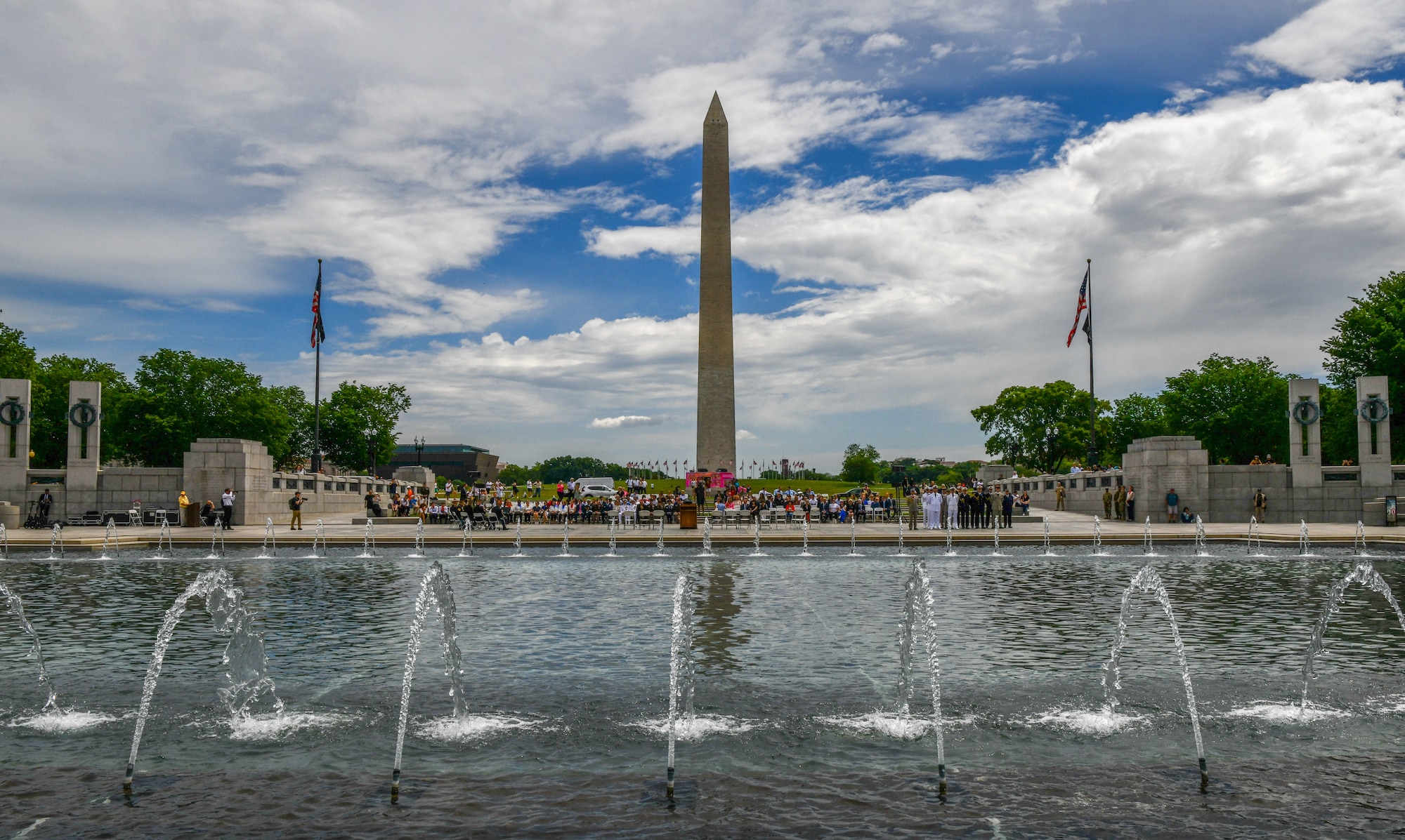 Wide view of the National World War II memorial.