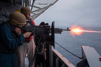 USS Tripoli (LHA 7) conducts a live-fire exercise in the Pacific Ocean.