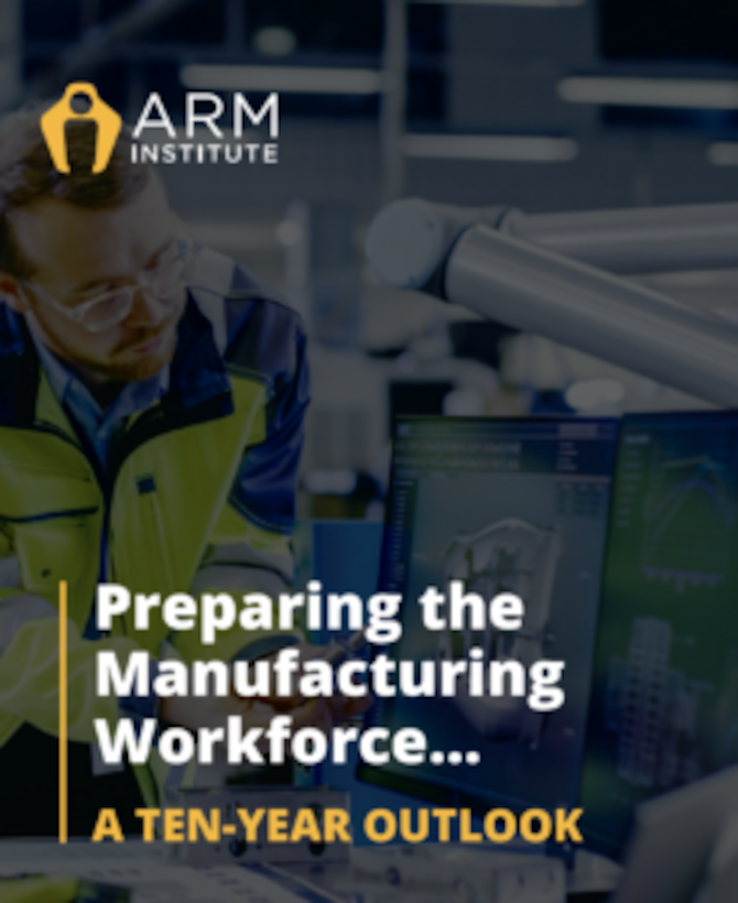 Blue and Grey Logo with the text: Detailing Best Practices and Collective Efforts Needed to Build a Sustainable and Resilient U.S. Manufacturing Workforce. Graphic of Technology.