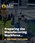 Blue and Grey Logo with the text: Detailing Best Practices and Collective Efforts Needed to Build a Sustainable and Resilient U.S. Manufacturing Workforce. Graphic of Technology.