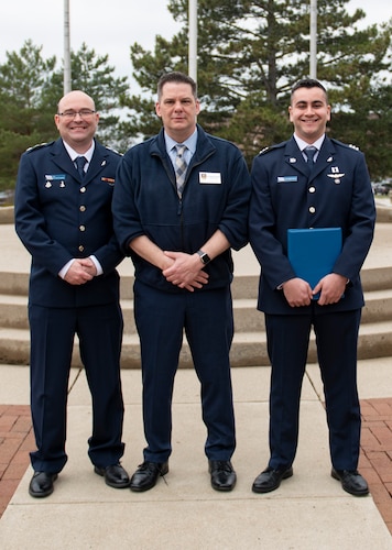 Air Force Institute of Technology’s international military support officer Michael Paprocki (center) is the Air Education and Training Command winner of the 2023 Air Force International Affairs Excellence Award (Junior Civilian Category). Pictured with Paprocki are Col. Ariel Dvorjetski, head, Aircraft Programs and Engineering Center, Israel Air Force Materiel Directorate (left) and AFIT master’s student Israeli Air Force Capt. Eidahn Eliash (right) in 2023.