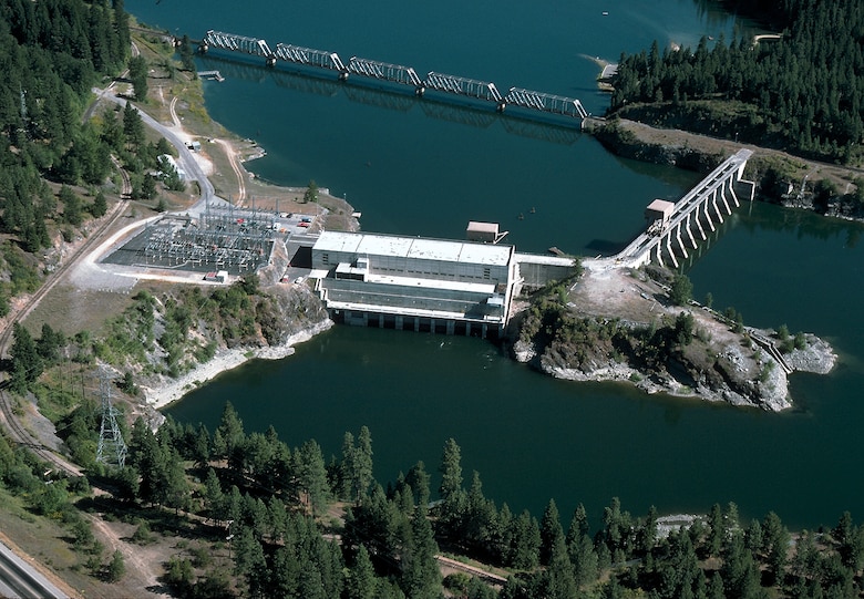 Aerial photo of Albeni Falls Dam, Idaho.