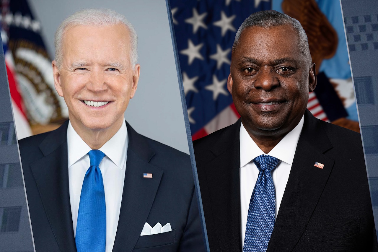 Graphic with side-by-side portrait photos of President Joe Biden and Secretary of Defense Lloyd J. Austin III