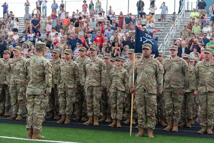 Soldiers with Company A, 1st Battalion, 178th Infantry Regiment, Illinois Army National Guard, are mobilized for deployment during a ceremony in Peoria, Illinois, June 4, 2024.