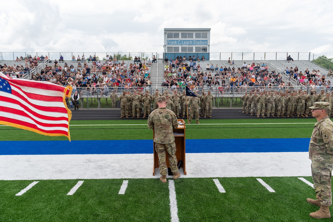 U.S. Army Capt. Matthew Rowe, the commander of Company A, 1st Battalion, 178th Infantry Regiment, Illinois Army National Guard, speaks to Soldiers and their families during a mobilization ceremony in Peoria, Illinois, June 4, 2024.