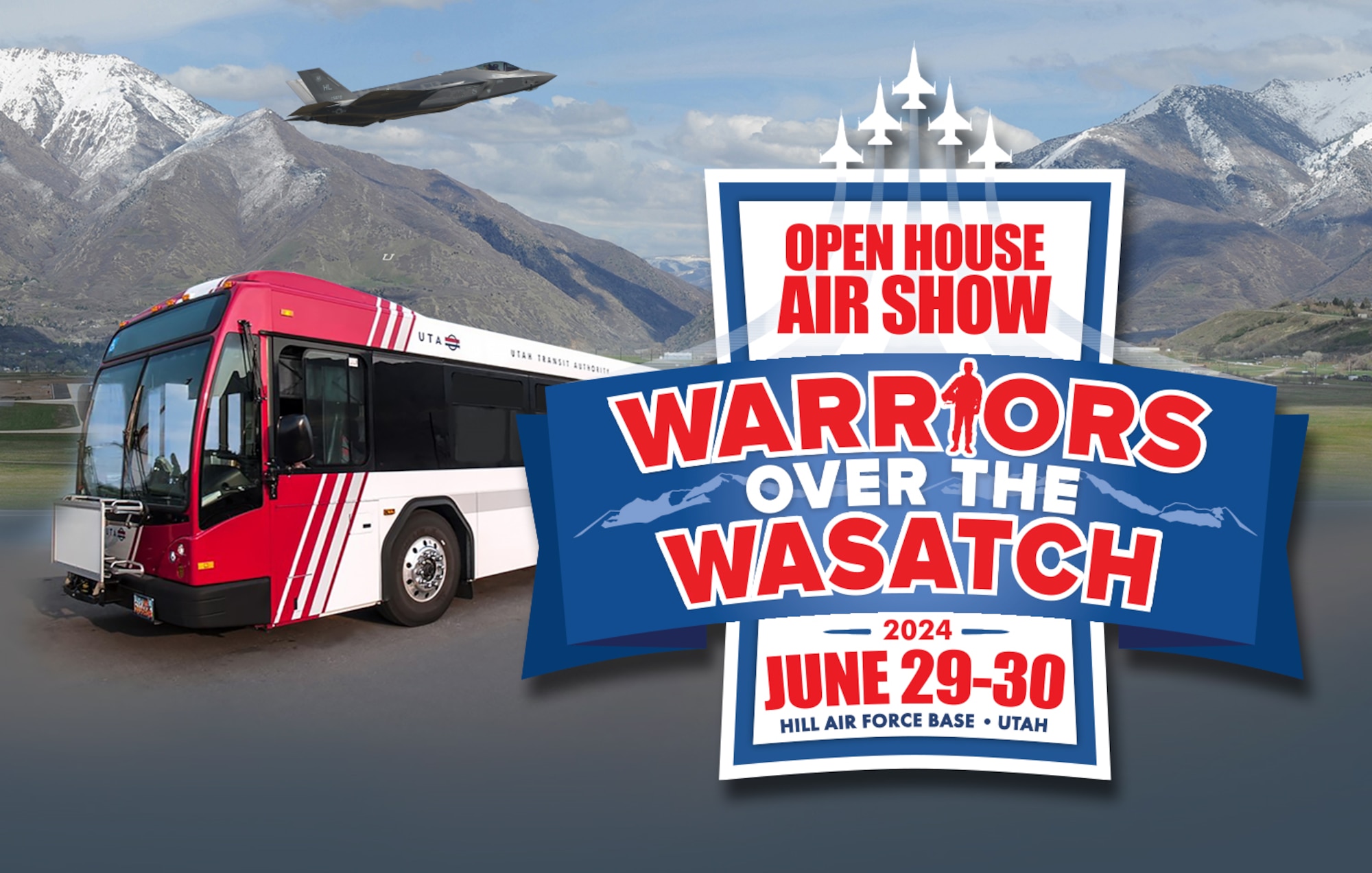 Graphic depicting a UTA bus, the Hill Air Show logo, and an F-35A over top of a backdrop of the Wasatch Mountains.