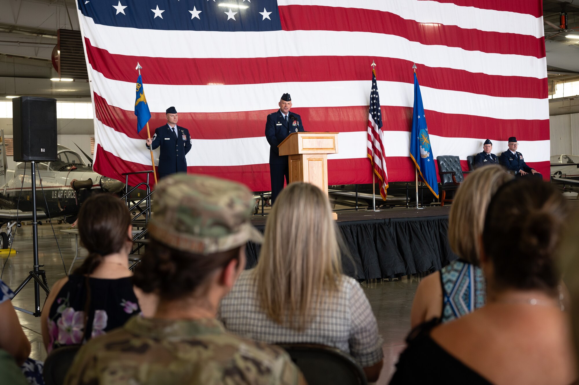 47th Flying Training Wing (FTW) Airmen bid farewell to Col. James Blech, prior commander of the 47th Operations Group (OG), and welcomed Col. Joseph McCane, current commander of the 47th OG, during a change of command ceremony here, May 31, 2024.