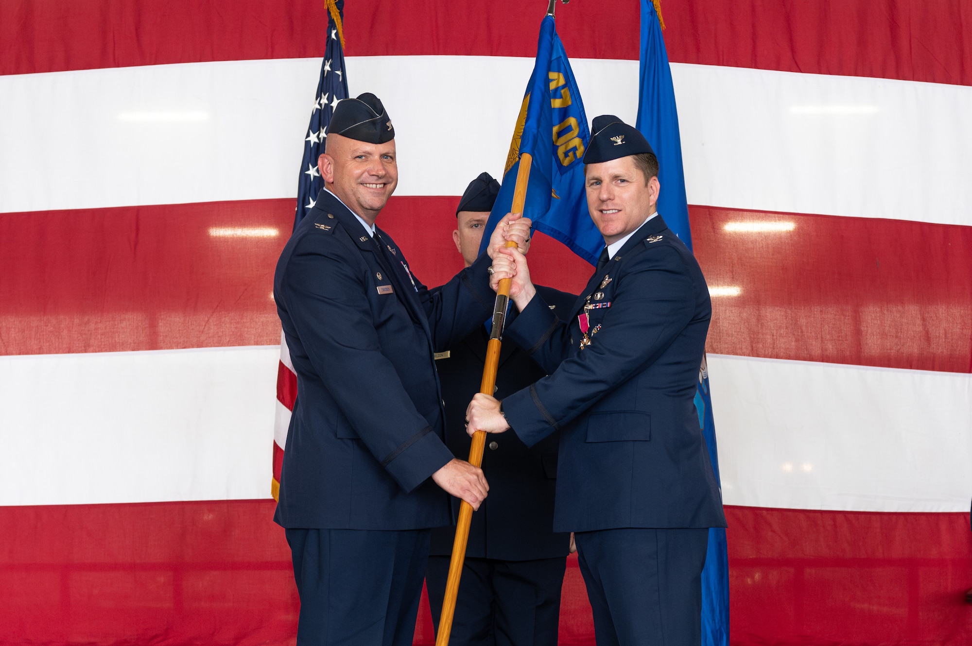 47th Flying Training Wing (FTW) Airmen bid farewell to Col. James Blech, prior commander of the 47th Operations Group (OG), and welcomed Col. Joseph McCane, current commander of the 47th OG, during a change of command ceremony here, May 31, 2024.